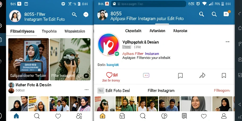 Antarmuka pengguna aplikasi 8055 dengan berbagai filter Instagram.