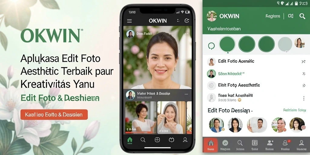Antarmuka aplikasi OKWIN dengan fitur edit foto aesthetic yang menarik.